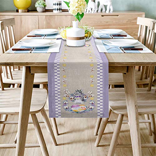 PIEPLE Table Runner-Cotton Linen- Long 70 Inch Holiday Dresser Scarves, Easter Egg Cartoon Spring Rabbit Plaid Tablerunner for Kitchen Coffee/Dining Bedroom Home Living Room Dinner Scarf Décor