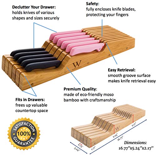 W Selections Bamboo Knife Drawer Organizer Block - Kitchen Storage Holder For Knives Organization - Saves Counter Drawer Space For Home Cooking Chef - Organic Moso Bamboo Tray Of Premium Quality #TOP1