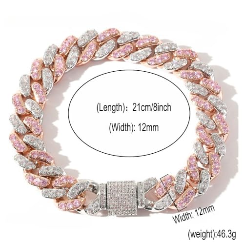 14K Gold 12mm Cuban Link Chain Bracelet with Pink & White Moissanite, Statement Jewelry for Men, Gift for Him2
