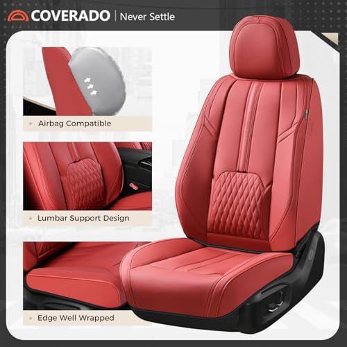 Image of Coverado Front and Back Seat Covers, Red Seat Cover for Cars, Luxury Leather Seat Cover with Lumbar Support, Waterproof Car Seat Cushions Car Seat Protectors Universal Fit for Most Cars SUV Trucks