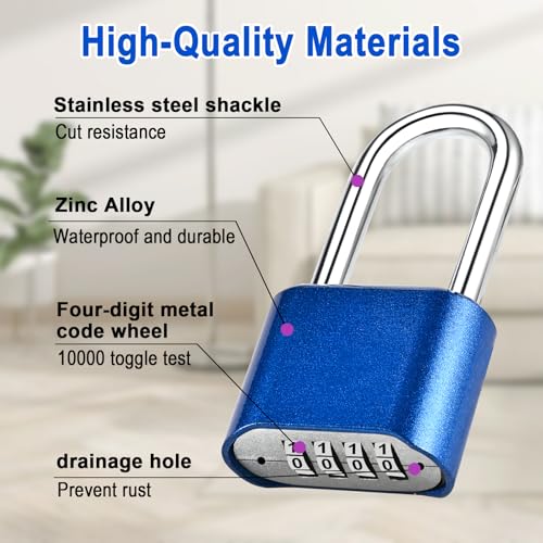Image of Combination Lock, 4-Digit Heavy Duty Combo Lock, Combination Padlock Weather-Resistant Heavy Duty Combo Locks for Outdoor Fence, Locker, Sheds, Gym, Gate Hasps (Long 2pcs-Blue)