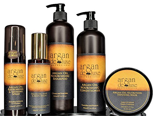 Argan deluxe 100% Pure Organic Moroccan Argan Oil Luxury Hair Care Bundle includes Shampoo, Conditioner, Shine Spray, Hydrating Mask, Hair Body Serum- Restores Shine and Softness-For all hair types
