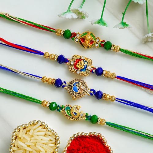 Image of eCraftIndia Set of 4 Lord Ganesha Peacock Krishna & Kalash Designer Rakhis for Brother Bhaiya Bhai | Roli Chawal Pack