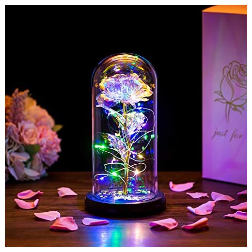 Glasseam Beauty and the Beast Rose in Glass Dome LED Lights Crystal Rose Flowers Gift for Birthday Anniversary Valentine's Day Wedding Girlfriend Wife Women