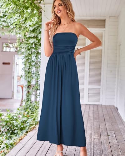GRACE KARIN Women Strapless Casual Loose Ruched Long Maxi Dress with Pockets2