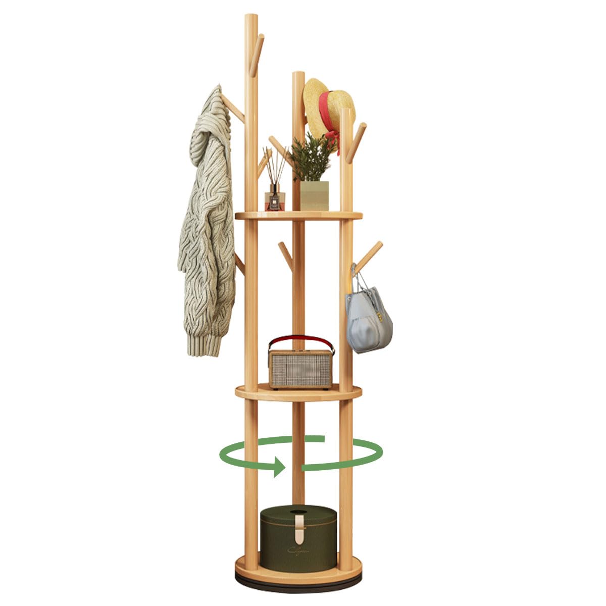 Porte Manteau Sur Pieds,Portant Rotatif avec 3 Étagères et 9 Crochets,Portant à Vêtements en Bois,Meuble d’entrée,Idéal Pour Entrée, Couloir ou Chambre