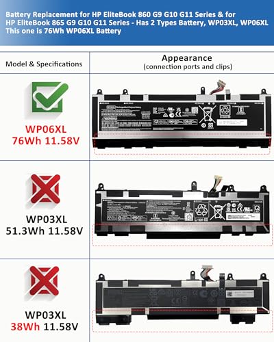 Image of 76Wh WP06XL M73470-005 Battery Replacement for Hp Elitebook 830 835 840 845 860 865 G9 /G10, Elitebook X360 1040 G9 /G10, ZBook Firefly 16 G9 /G10 Series M64308-171 - 11.58V 6304mAh 3-Cell