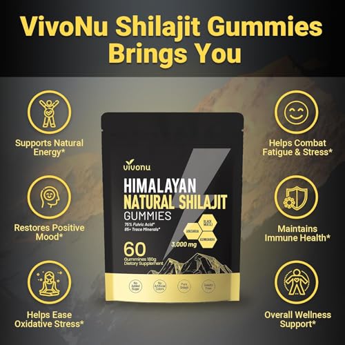 VivoNu Shilajit Gummies | 3000mg | mit Ashwagandha & Himalaya-Shilajit | 60 vegane Gummibärchen für Energieschub und Stärkung Vitalität | Ohne Zusätze (60 Stück)