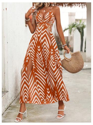 Image of SOLY HUX Women's Tie Backless Cut Out Halter Dress Deep V Neck High Split Long Flowy Dresses