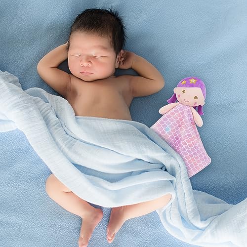 Image of June Garden Cozy Dream Fleece Baby Security Blanket - Infants Nursery Bed Blankets with Rattle - 15 x 15 inches Lovey - Soft Baby Doll Plush - Mermaid