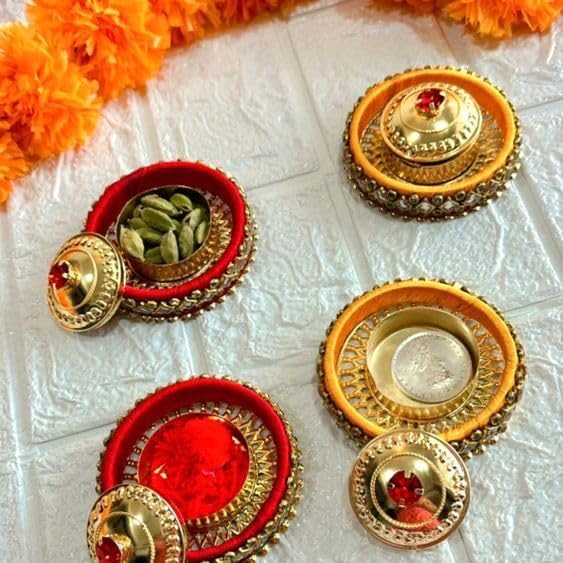 Handmade Decorative Kumkum Roli Chawal Container Pooja Box Festival Mandir Traditional Gift Reusable Elegant Brass Finish Craft Pack of 4 (Tealight-389)-image-46