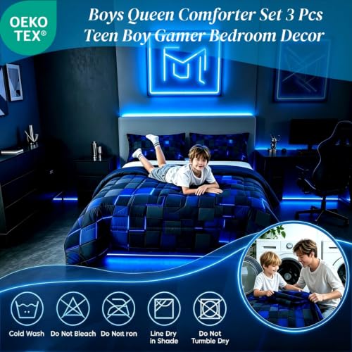 Image of Erosebridal Black Navy Royal Blue Comforter Set Queen Neon Geometric Checkered Bedding Set for Teen Boys Gamer Room Decor,Abstract Stereoscopic Grids Quilt Square Plaid Check Bed Set 3 Pcs