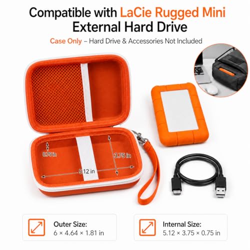 Image of ALKOO Case for LaCie Rugged Mini 1TB /2TB /4TB /5TB External Hard Drive | Portable HDD Holder, Cable Pocket, SD Card Storage, for Photographers, Creators, Students, Office,Travel,Case Only,Tangerine