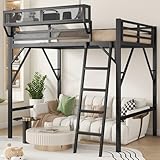 KEIKI Full Size Metal Loft Bed Frame with Ladder and Built-in Storage Shelves, for Teens, Modern Style Loft Bed with Solid Slats, Guardrail, No Box Spring Required, Easy Assembly, for Bedroom, Black