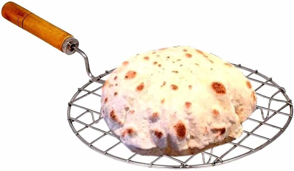 Mrigakshi Stainless Steel Round Wire Roaster Rack/Papad Jali/Roti Grill Round Shape with Wooden Handle