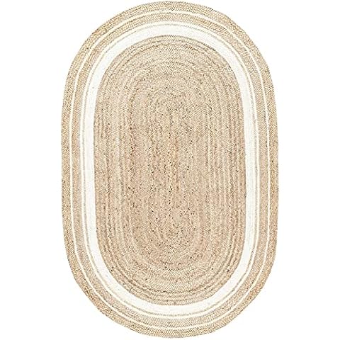 RUG Jute White Border Hand Braided Rug Oval Shape Beige Handmade Natural Fiber Area Carpet Kitchen, Hallway Rugs For Living (90 x 150 Cm (3x5 Feet)) Cover