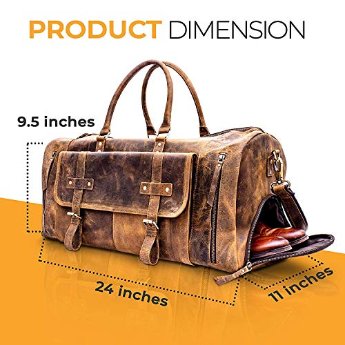 KomalC 24 Inch Leather Duffel Bags for Men and Women Full Grain Leather Travel Overnight Weekend Leather Bags Sports Gym Duffel for Men (Brown Tan with shoe pocket)