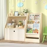 TOETOL Kids Bookshelf & Book Storage，4 Sling Wooden Toddler Book Shelf，2-Tier Wooden Open Bookcase & Storage Organizer Boxes for Nursery, Playroom, Bedroom