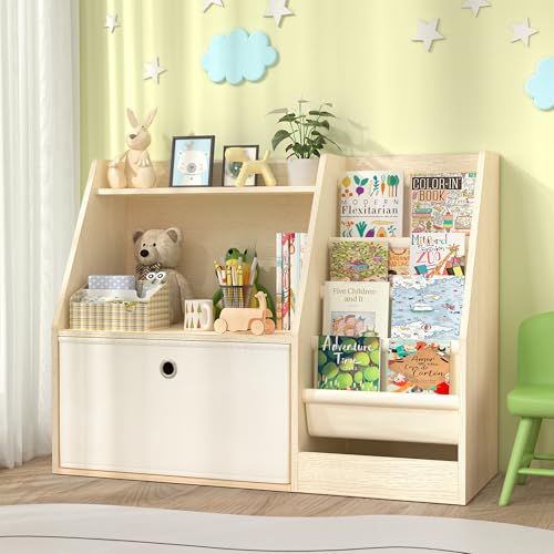 Image of TOETOL Kids Bookshelf & Book Storage,4 Sling Wooden Toddler Book Shelf,2-Tier Wooden Open Bookcase & Storage Organizer Boxes for Nursery, Playroom, Bedroom