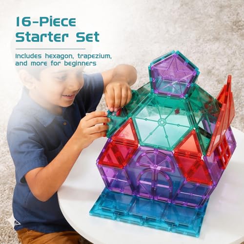 Image of Amazon Brand - Jam & Honey Magnetic Tiles Building Blocks Add-On for Kids 3+ Years - 16 pcs | STEM Learning Educational Toy | Creative & Constructive Play | Brain Development Toy | Creative Boost Pack | Multicolour