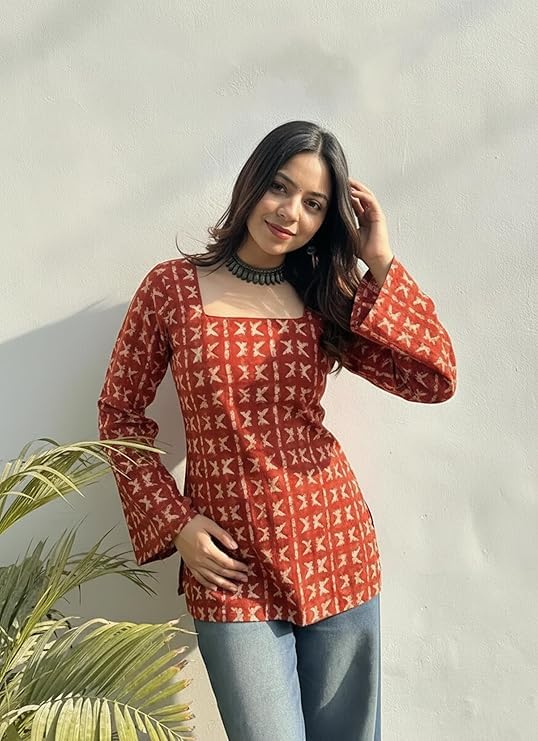 Image of ANNI Designer Women's Viscose Blend Printed Short Kurti | Straight Fit Casual Ethnic Top | Square Neck 3 /4 Sleeve Kurta Office College