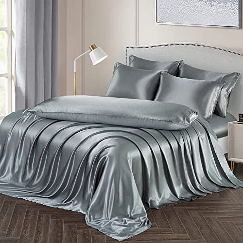 Image of Ersmak 7 Pieces Satin Sheets Set Queen Size, Luxury Silky Grey Satin Bed Sheets Set with 1 Deep Pocket Fitted Sheet, 1 Soft Flat Sheet, 4 Queen Pillowcases and 1 Body Pillowcase