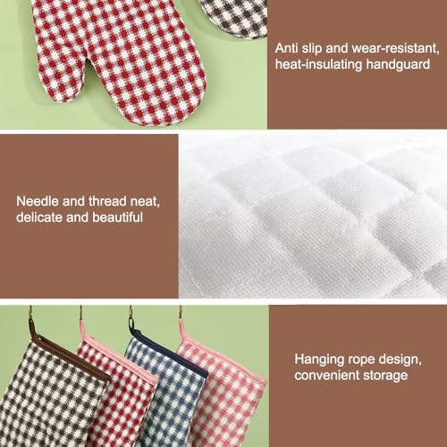 1 pair of pink checkered oven gloves, cotton heat-resistant oven mitts, and filled cotton non slip cooking gloves, used for kitchen baking and cooking. - Image 4