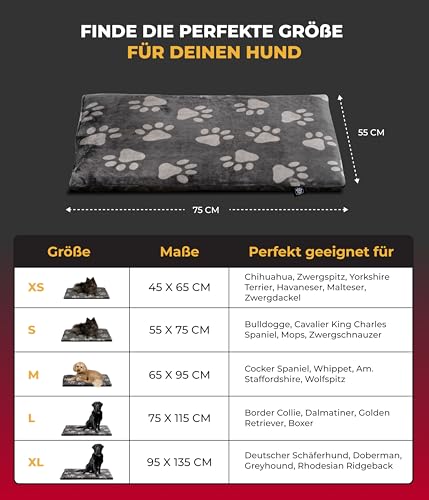 HS-Hundebett® Hundedecke S (55x75 cm) – rutschfest & gemütlich Dank 3 cm Füllung – Perfekt fürs Sofa, Auto & Hundebox – Pfote Anthrazit, Made in DE