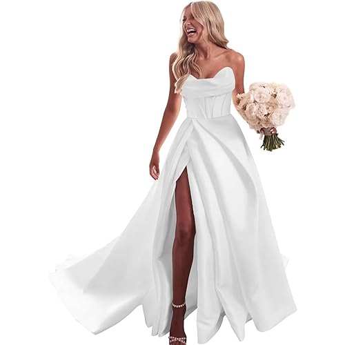 Gorgeous Satin Long Wedding Dresses with Slit for Women 2025 Corset Bridal Dresses for Wedding RO006
