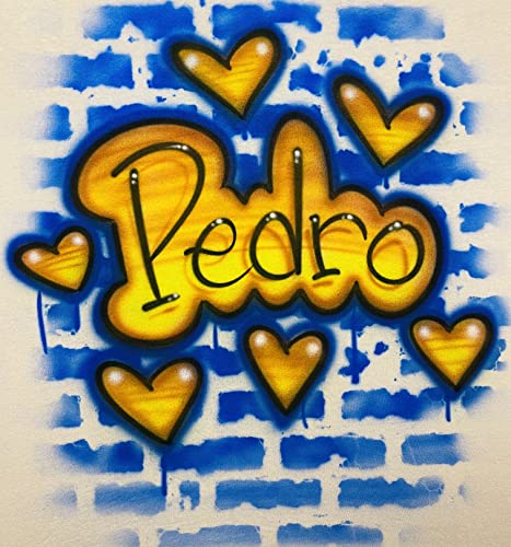 Airbrush Urban Graffiti, Yellow & Blue, Hearts Name Design T Shirt3