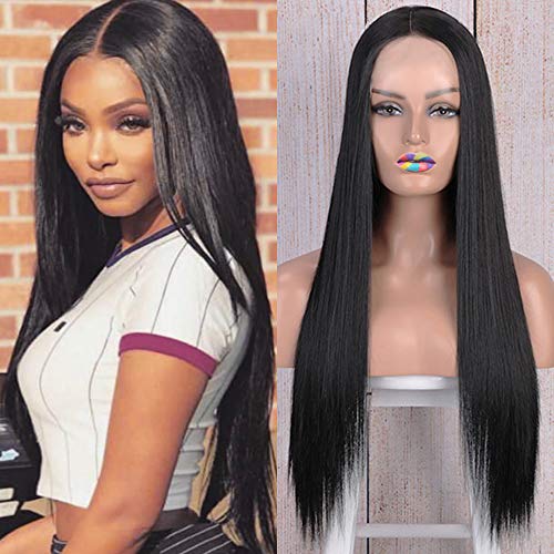 Black Long Straight Wig Women 28 Inch Middle Part Long Silk Straight Black Synthetic Wig Suitable For Party, Cosplay (Black, 28 Inches)