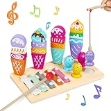 Fantspati Montessori Spielzeug ab 1 2 3 Jahr, Holzspielzeug Montessori Spielzeug Baby,3 in 1 Angelspiel,Xylophon,Eiscreme Zusammenstellen Lernspielzeug für Mädchen Junge als Geburtztag Geschenk