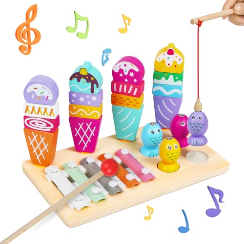 Fantspati Montessori Spielzeug ab 1 2 3 Jahr, Holzspielzeug Montessori Spielzeug Baby,3 in 1 Angelspiel,Xylophon,Eiscreme Zusammenstellen Lernspielzeug für Mädchen Junge als Geburtztag Geschenk