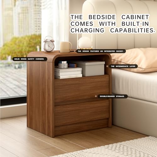 Modern Nightstand, 23.6-Inch Wide with Charging Station & Curved Anti-Collision Design, Mid-Century Storage Cabinet, Pre-Embedded Slots, Sturdy & Reusable, Ideal for Dorm, Sofa, or Office (2)