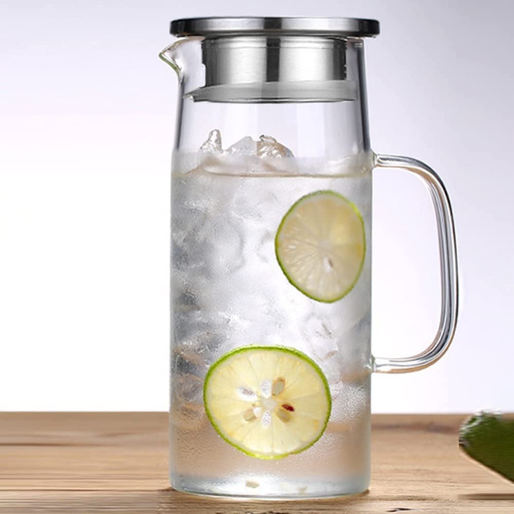 Glaskrug mit Deckel und Griff Klarer Getränkekrug V-Auslauf Eistee-Krug Kalt- und Heißwasserkaraffe Glas 1L/1.2L/1.5L-1.5L