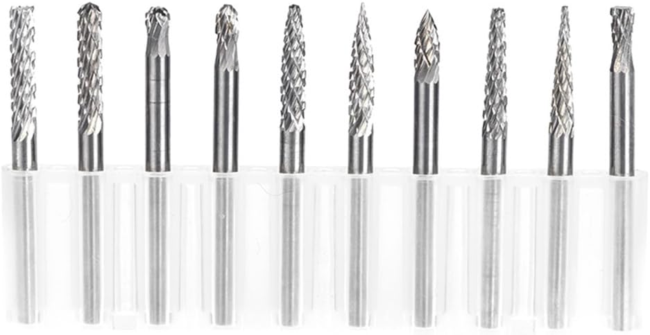 HUHAO Rotary Burs Tungsten Carbide Double Cut Rotary Burr Set Rotary Cutter for Drill Die Grinder Carving Bit 1/8 Shank 10PCS