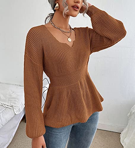 Veatzaer Womens V Neck Sweaters Fall Trendy Casual Long Lantern Sleeve Ribbed Knit Pullover Sweater Tops3