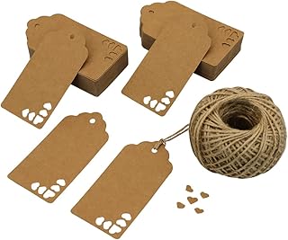 100 PCS Kraft Paper Gift Tags with String Natural Jute Twine, Brown Gift Wrapping Labels Tags, Heart Blank Tags Kraft Paper Tags for Art and Crafts, Wedding, Birthday, Thanksgiving, Gift Wrapping