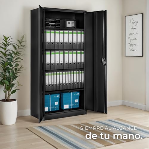 tectake® Armario Archivador Oficina en Acero 180x90x40 cm, Armario Exterior e Interior con Cerradura, Armario Multiusos con 2 Puertas, 4 Estantes Ajustables y 5 Alturas, Fácil Montaje - Negro - imagen 9