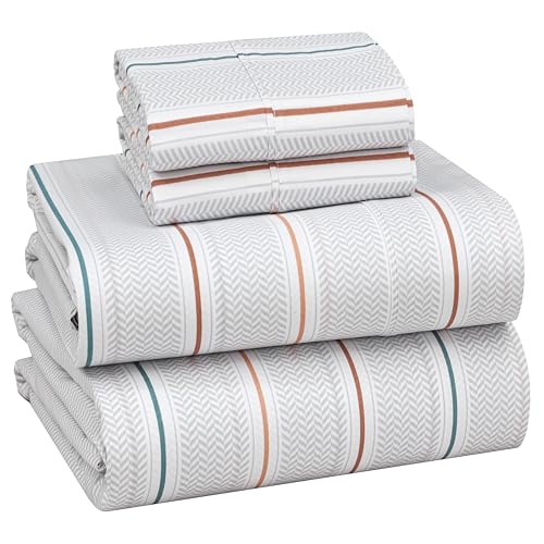 Image of RUVANTI 100% Cotton Percale Sheets Full Size, Chevron Twill Stripe | Crisp Cooling for Hot Sleepers, Deep Pocket 16 inch, Soft Breathable & Durable, Hotel-Style 4 Piece Set