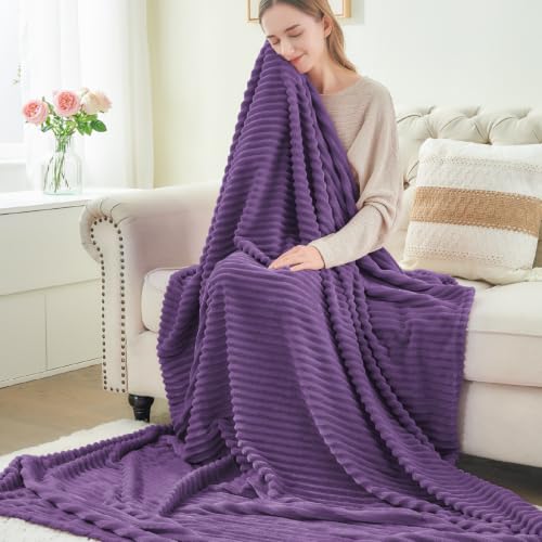 Image of BEDELITE 3D Ribbed Jacquard Purple Fleece Twin Blanket for Couch, 60 inchx80 inch