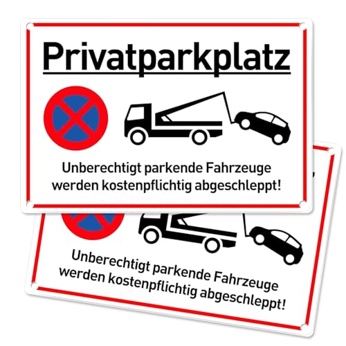 2 Stück Privatparkplatz Schild Parken Verboten (30x20 cm Aluminium) - Fahrzeuge Werden kostenpflichtig abgeschleppt - Klares Zeichen für Parkverbot - Parkplatz Schilder Privatgrundstück