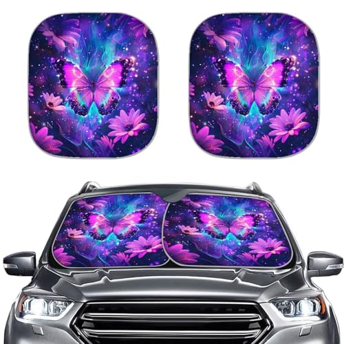 Image of Purple Butterfly Green Cactus Windshield Sun Shade for Truck SUV Car Easy to Install Heat and UV Rays that Keeps Vehicle Cool Removable Automotive Accessories Universal Car Accessories