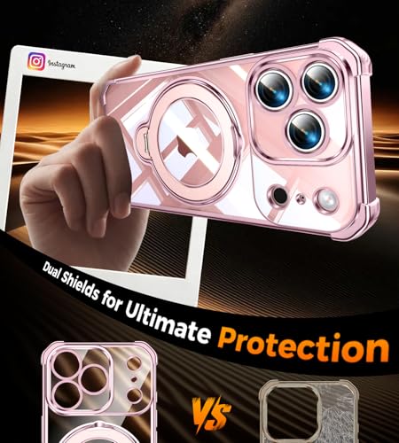 Image of Soft Case for iPhone 17 Pro with 360 Rotating Magnetic Stand, Compatible with Mag-Safe, 4X MIL-Drop Protection, Lightweight Glossy Anti-Yellowing Clear Back Phone Cover for iPhone 17 Pro 6.3 inch, Pink