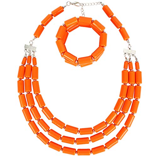 Fodattm Multi Layer Handmade Bead Strand Cluster With Necklace Bracelet And Earrings Set For Women Lady Acrylic Beads Statement Strand Necklaces (Orange) #TOP3