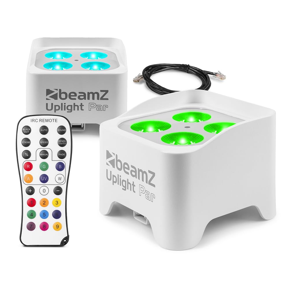 Beamz White Bbp90w Wireless Battery Operated Led Par Uplighters Pair - 4X 4W Rgb-Uv Leds, Dmx Control & Remote For Event Lighting, Stage & Wall Washer Lights (White)