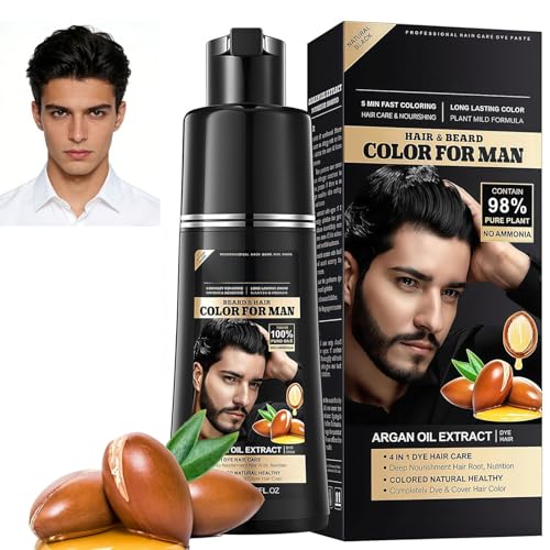 Negro Tinte Pelo Hombre3 en 1 Champú Colorante con Aceite de Argán, Cobertura Natural de Canas, Champú Anticanas Suave para Barba y Cabello