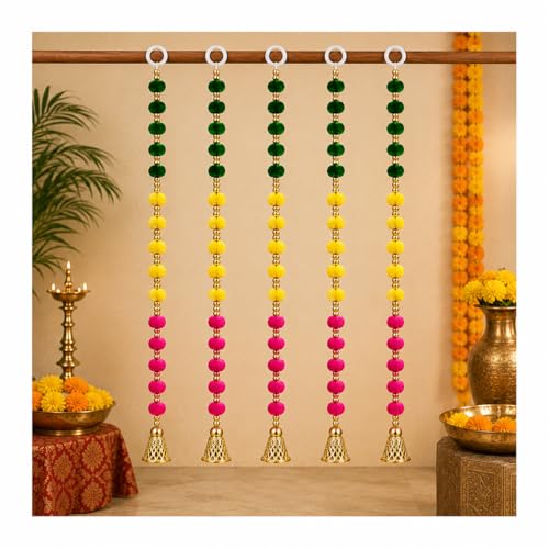 Image of Bindian Pom Pom Beads & Golden Bell Toran for Main Door, Pack of 5 Door Hanging Decorative Items, Home Decor Wall Hanging Decoration, Pooja Room Decor, Festival Decoration