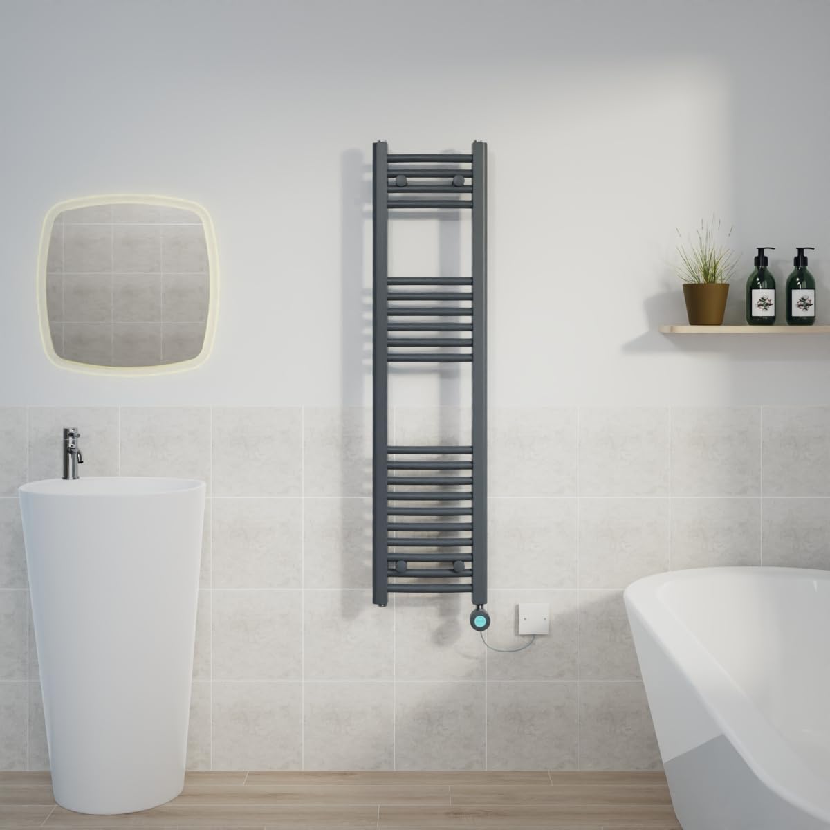 Warmehaus Anthracite Electric Heated Towel Rail Curved Thermostatic Bathroom Towel Radiator With Timer - 1200X300mm 600W