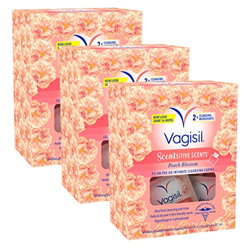 Vagisil Scentsitive Scents On-The-Go Feminine Cleansing Wipes, pH Balanced, Peach Blossom, Individually Wrapped, 16 Count (Pack of 3)